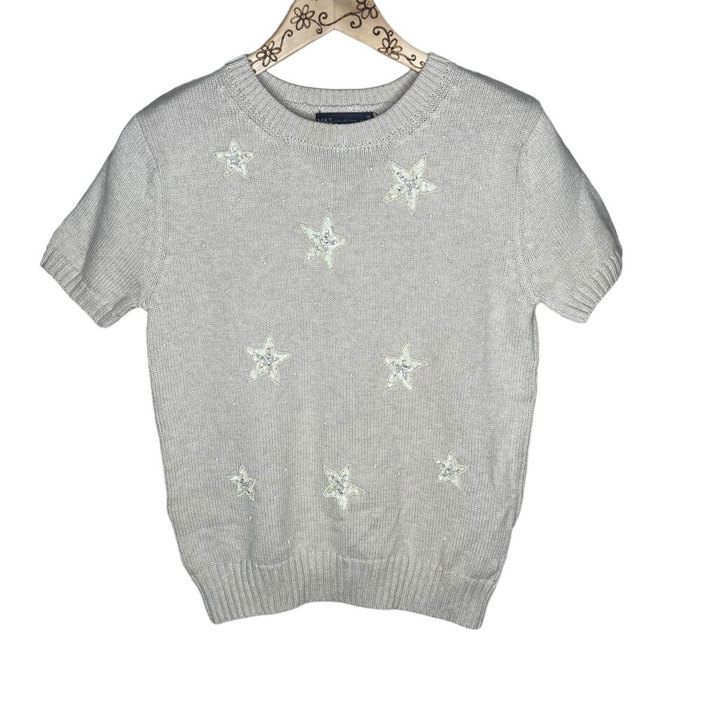M&S Collection Short Sleeve Sweater Star Beading NEW US 6